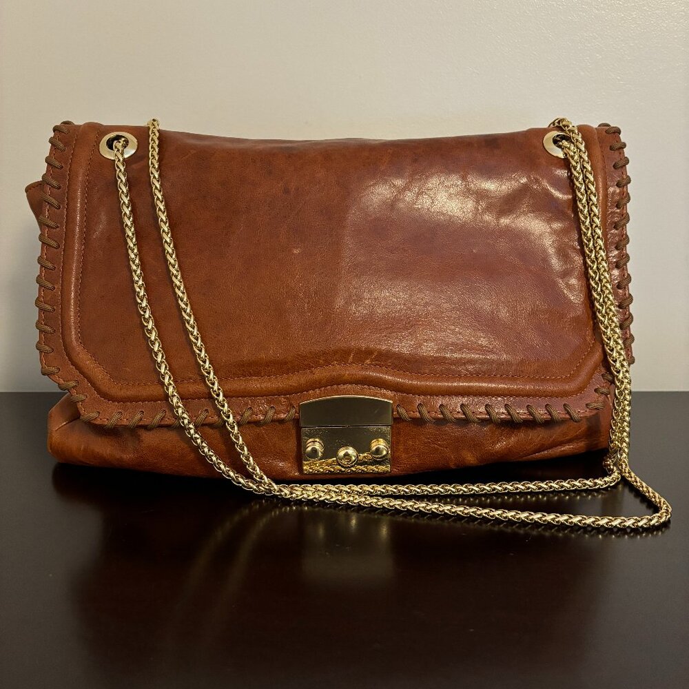 Be&D Brown Distressed Leather Gold Chain Strap Shoulder Bag